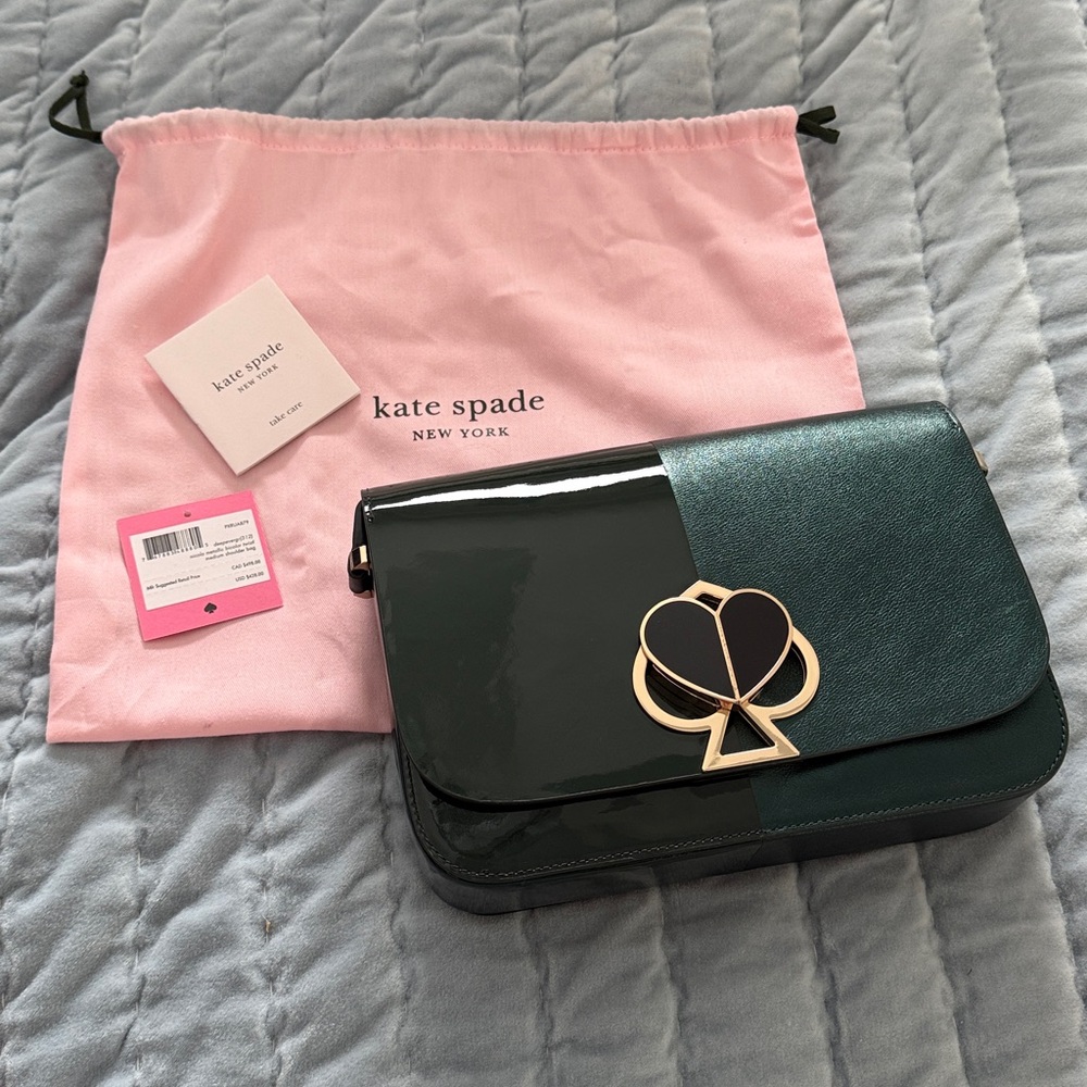 Kate Spade Nicola Green Metallic Bicolor Twistlock Medium Shoulder Bag EUC